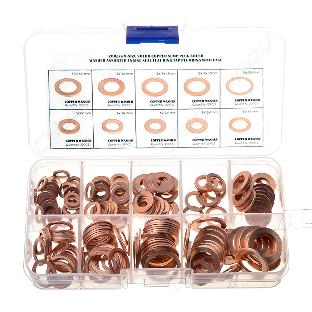 200Pcs/Kit Solid Copper Crush Washers Gasket Set Flat O-Ring Seal Assortment