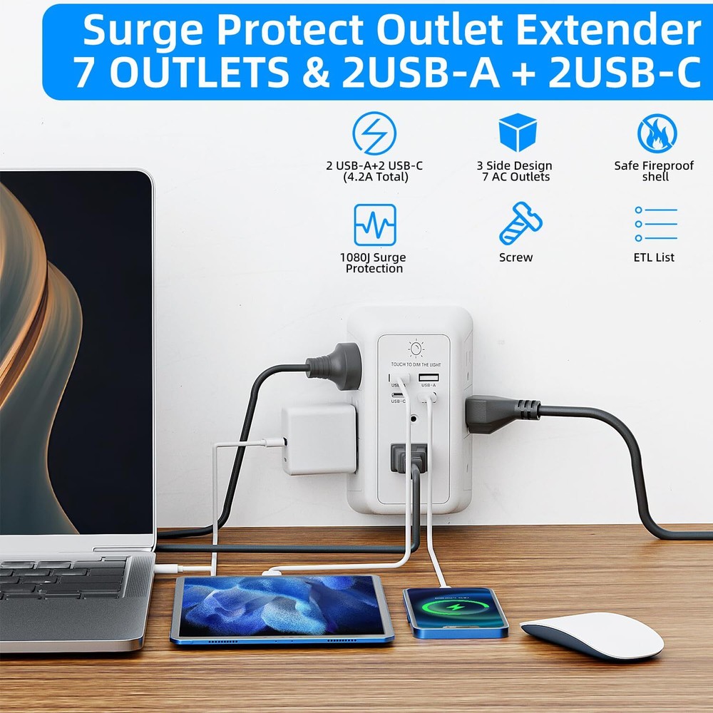 Wall Charger Surge Protector, Outlet Extender with Night Light, USB White