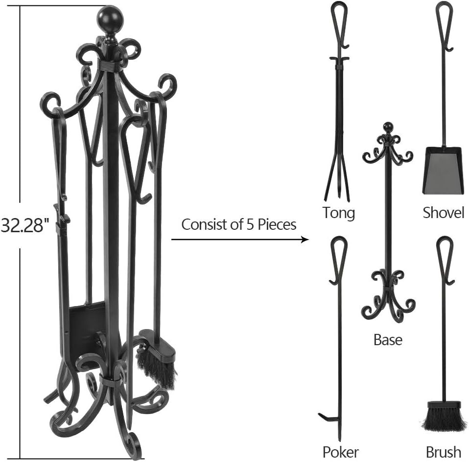 Rustic 5-Piece Fireplace Tool Set with Heavy-Duty Base and Ergonomic Tools