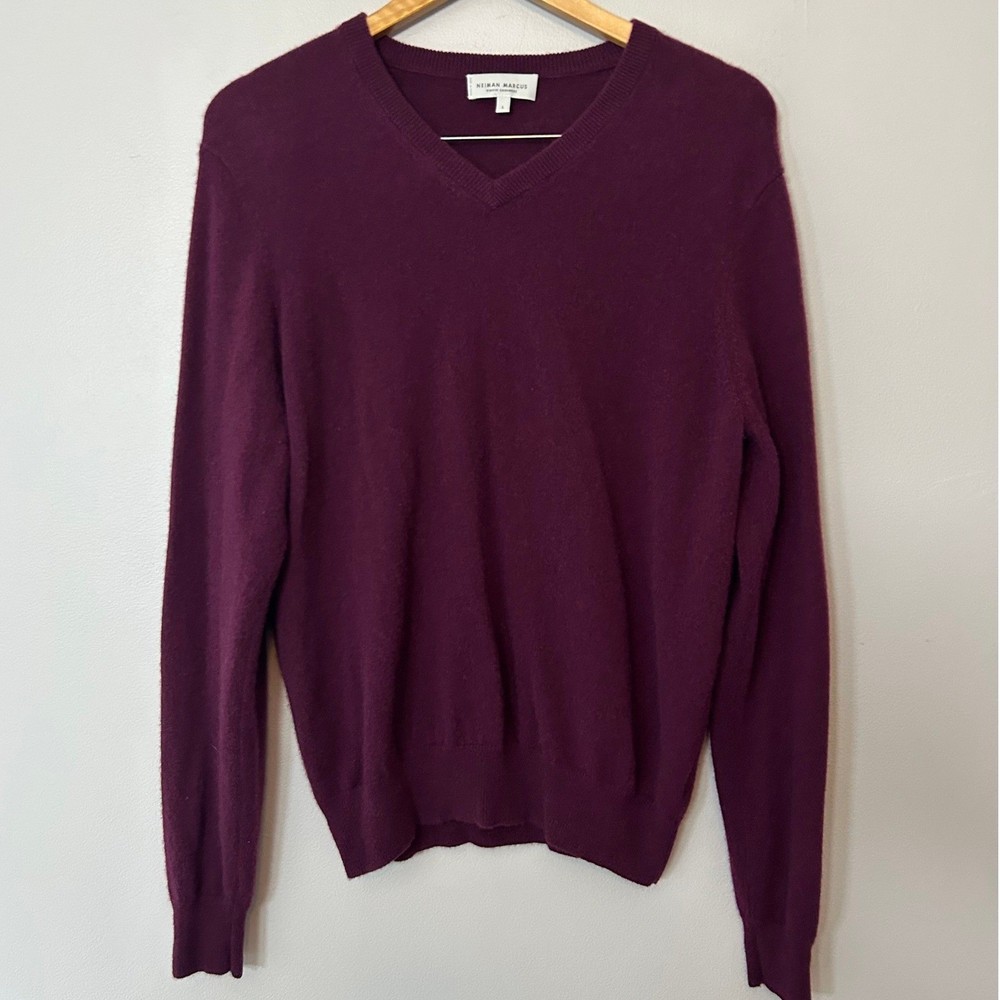Neiman Marcus Sweater Mens L 100%Virgin Cashmere Maroon V-Neck Solid Pullover
