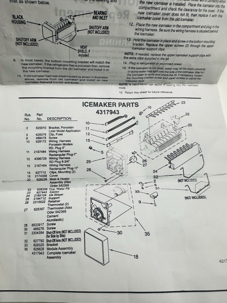 Refrigerator Part # 4317943 - Icemaker Replacement Kit Aftermarket