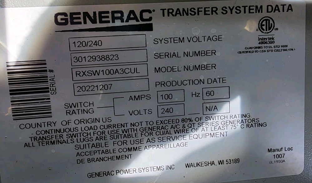 Generac RXSW100A3CUL 100-Amp 120/240-Volt Single-Phase Automatic Transfer Switch
