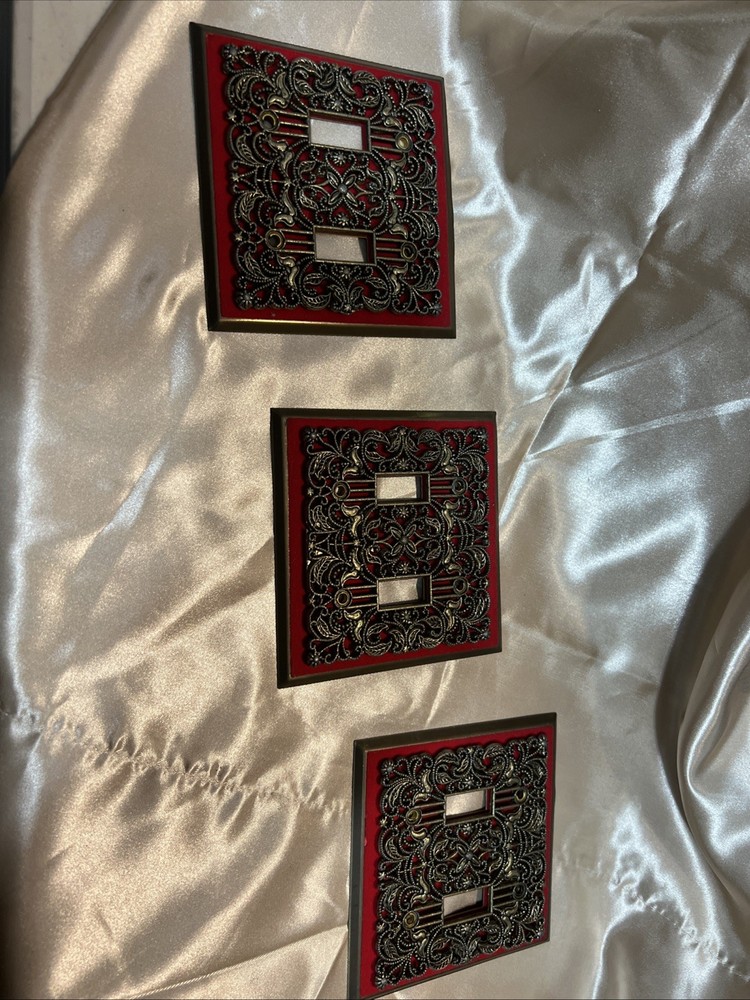 three Vintage Brass Light Switch Covers Red Velvet