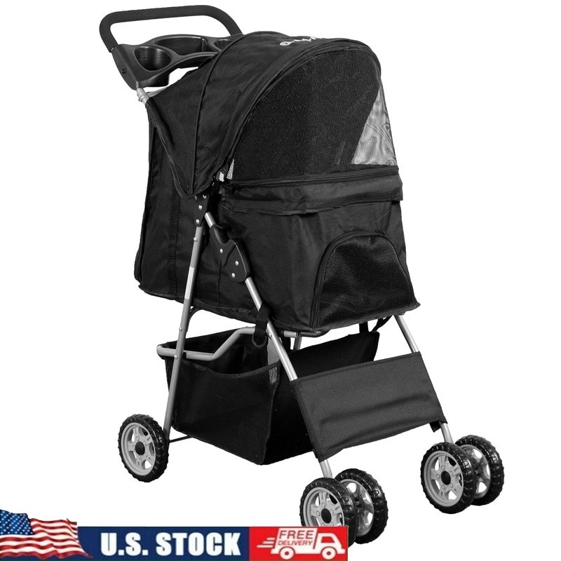 Pet Stroller Collapsible W/ Mesh Windows Large Compartment Dual Cup Holders New