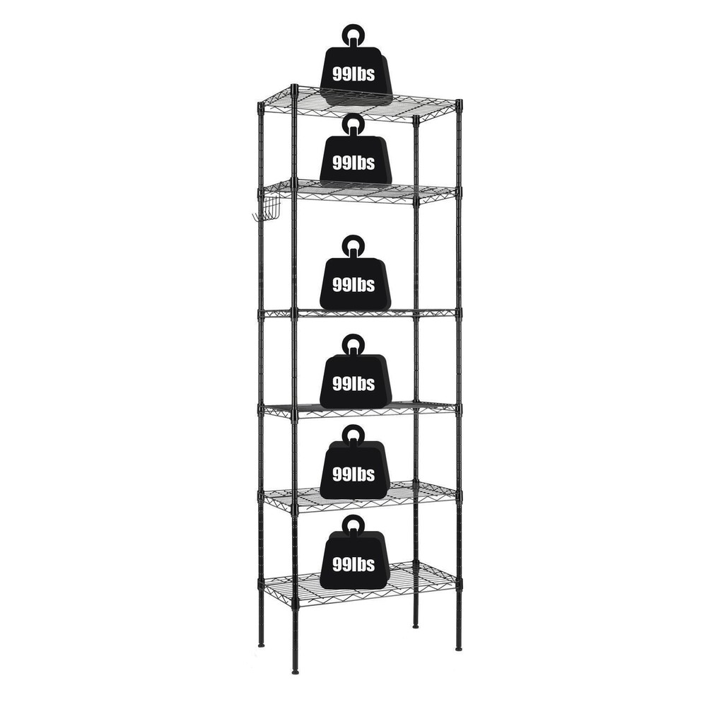 65" Adjustable Rolling Storage Rack 6-Tier Wire Shelving Unit with Hanging Hooks