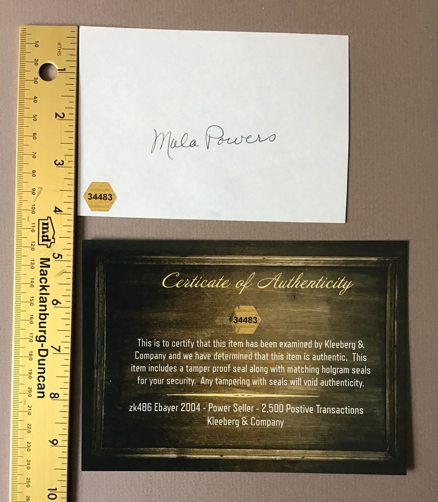 MALA POWERS Index Card AUTOGRAPH. COA. Actress