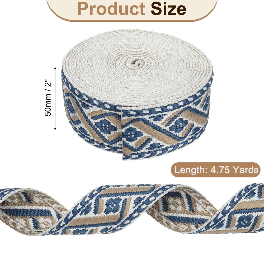 4.75Yards Cotton Webbing Strap 50mm Jacquard Webbing Strap, White-Blue