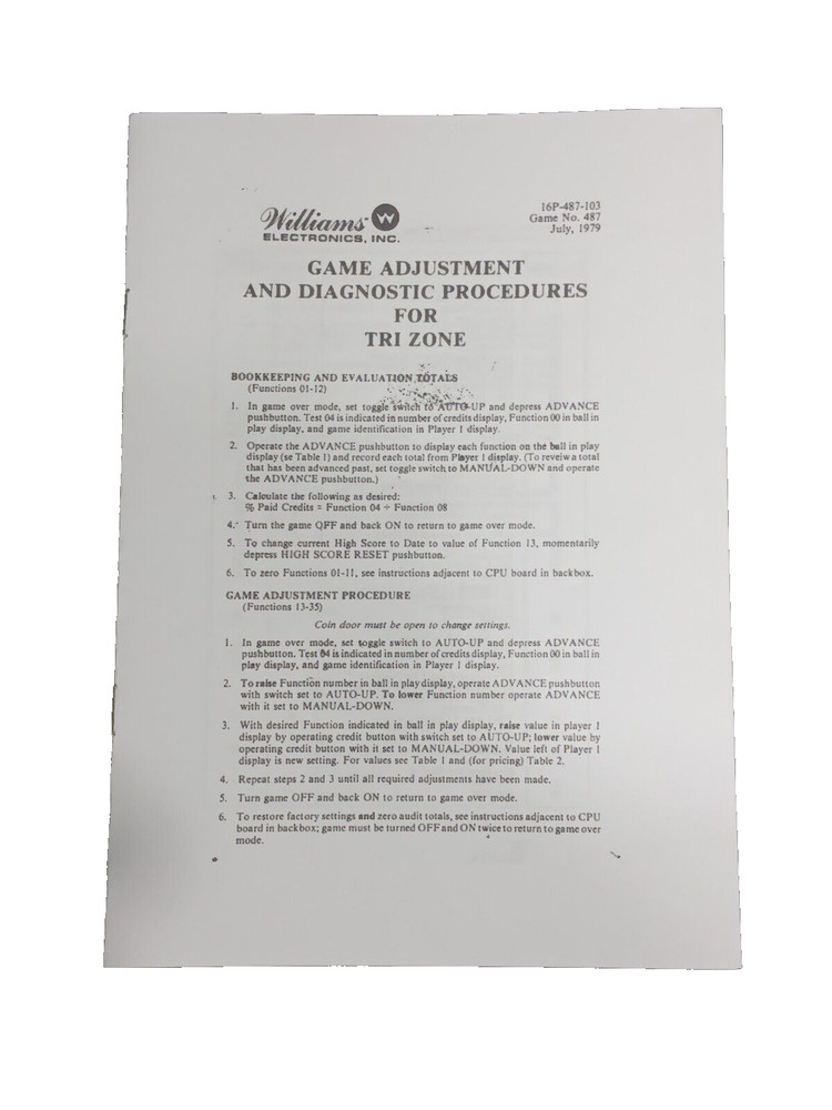 Williams Tri Zone Pinball-Game Adjustment and Diagnostic Procedures Booklet