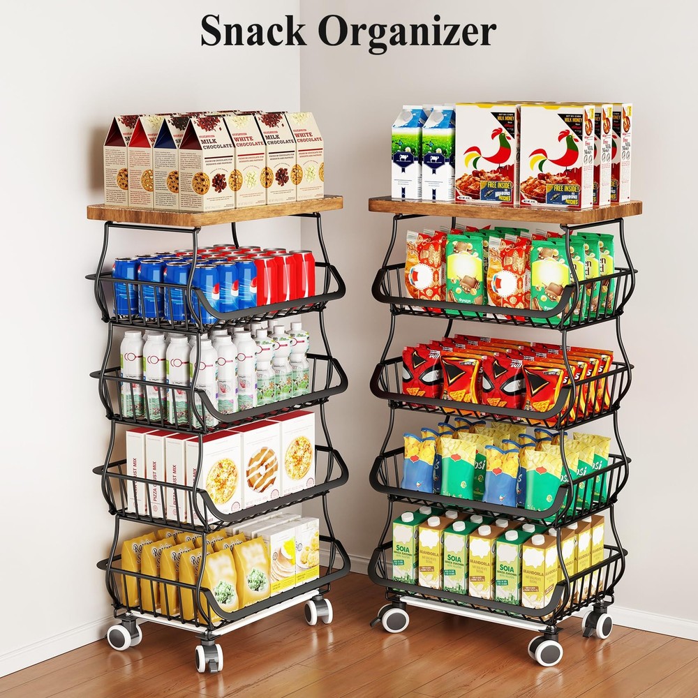 Fruit Basket Kitchen Pantry Organizers and Storage - Wooden Top Table, Stacka...