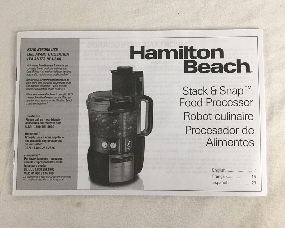 NEW Hamilton Beach Food Processor Stack & Snap #70720 Part - Manual Only