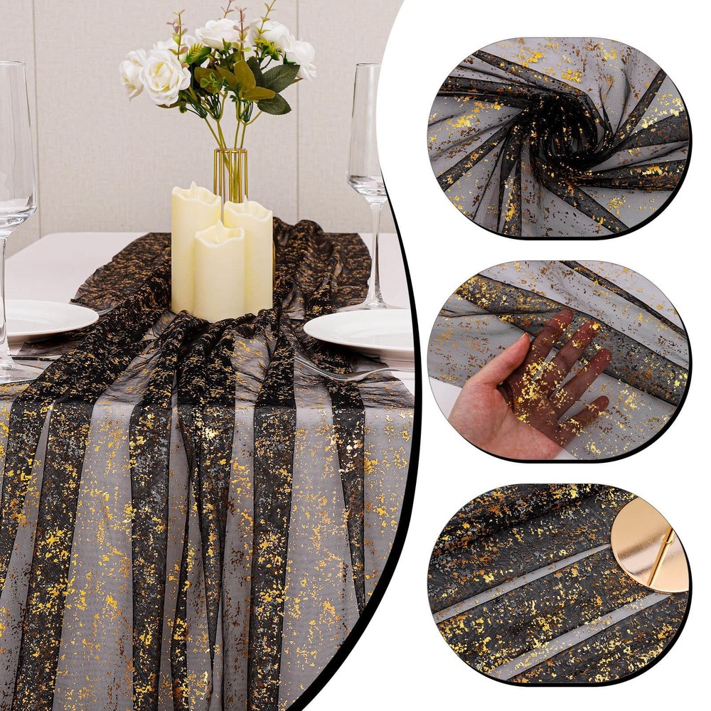 3 PCS Black Table Runner 10Ft Sheer Chiffon Fabric Cheesecloth Sequin