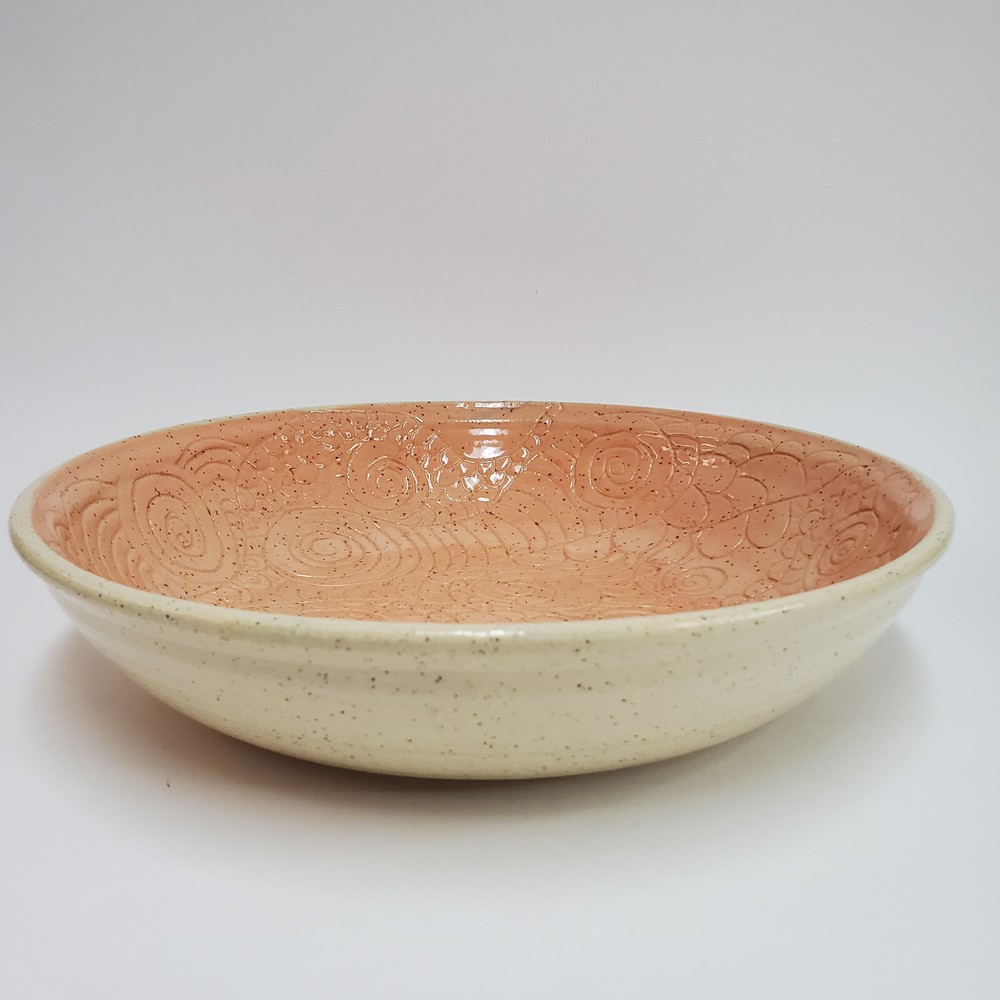 Signed Large Peach Studio Art Ceramic Bowl with Engraved Circle Pattern