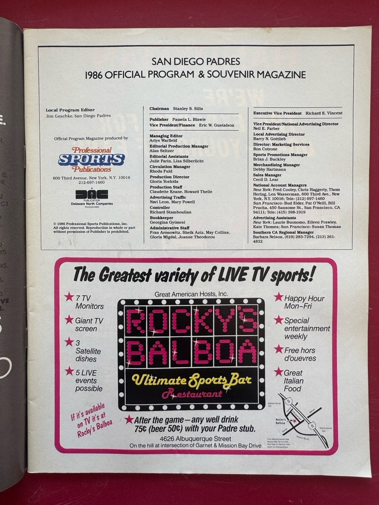1986 San Diego Padres Official Program Magazine