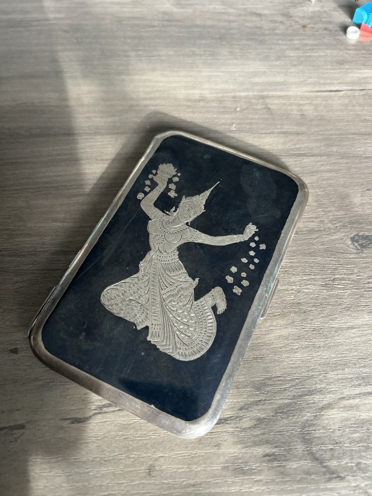Antique Thai Niello Silver Cigarette Case – Hand-Engraved Dancing Figure