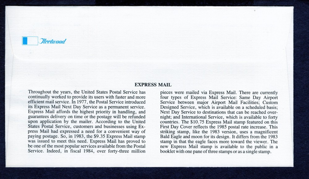 1985 Stamp #2122 Express Mail FDC Fleetwood
