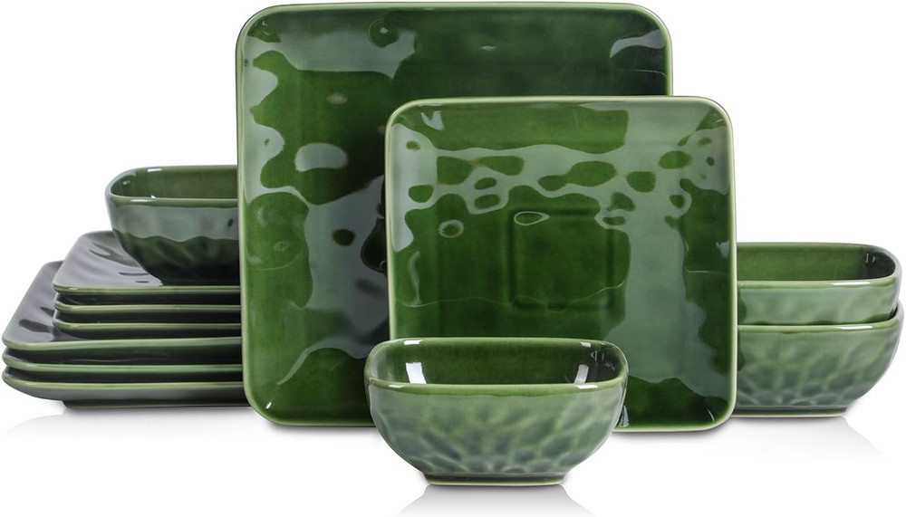 Stylish Green Ceramic 12-Piece Dinnerware Set for 4 - Scratch Resistant & Safe