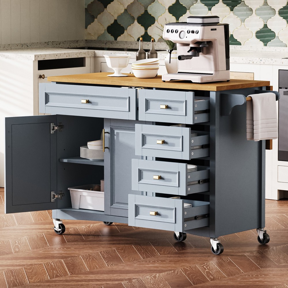 K&K 52'' Kitchen Island with Drop Leaf, Embossed Texture Kitchen Island on Whe