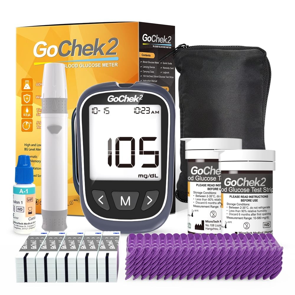 MicroTech Blood Glucose Monitor Kit 100 Strips & Lancets, No Coding, 500