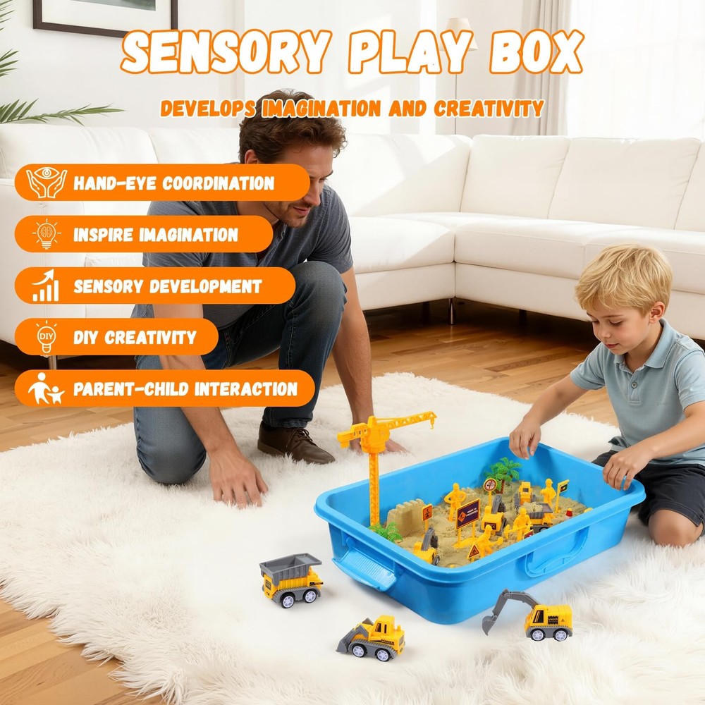 Construction Sensory Bin with Lid, 2.64lbs Magic Sand, Construction Trucks, T...