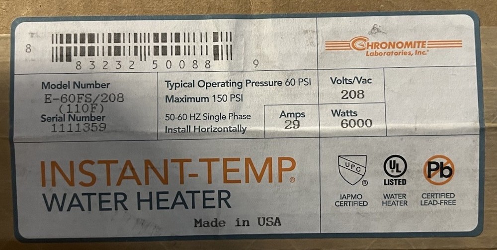 Chronomite E-60FS/208 Instant-Temp Electric Tankless Water Heater