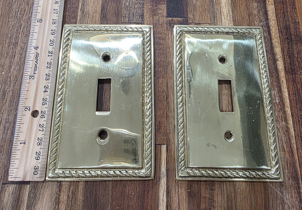 2 Vintage Solid Brass Gold Tone Single Light Switch Plate Cover Rope Pattern