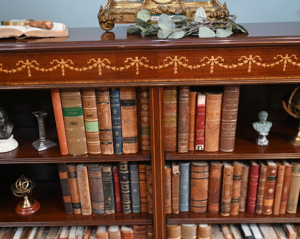 Wide Regency Open Bookcase - Mahogany Inlay Library Study