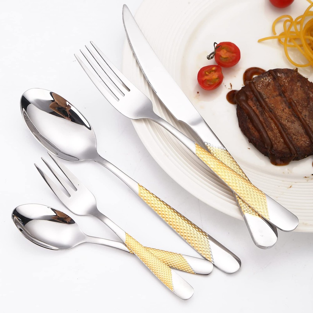 A·HOUSEWARE Hammered Silverware Gold and Silver Flatware Stainless Steel Cutl...