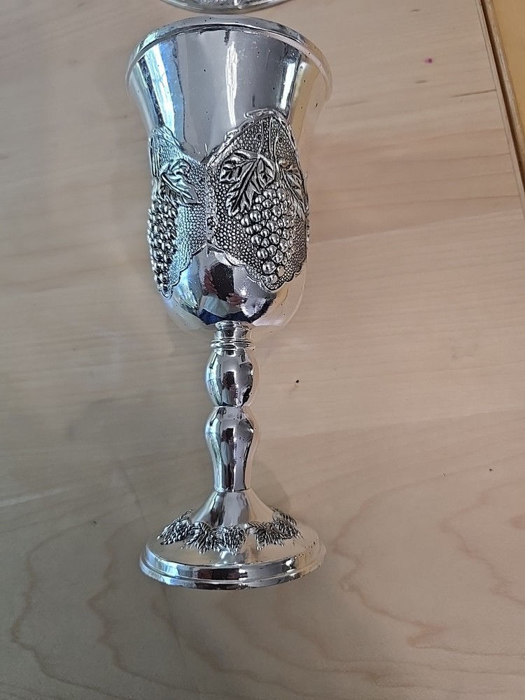 Imported Silver Plated Grape Design Kiddush Cup & Tray Set - Shabbat Essential