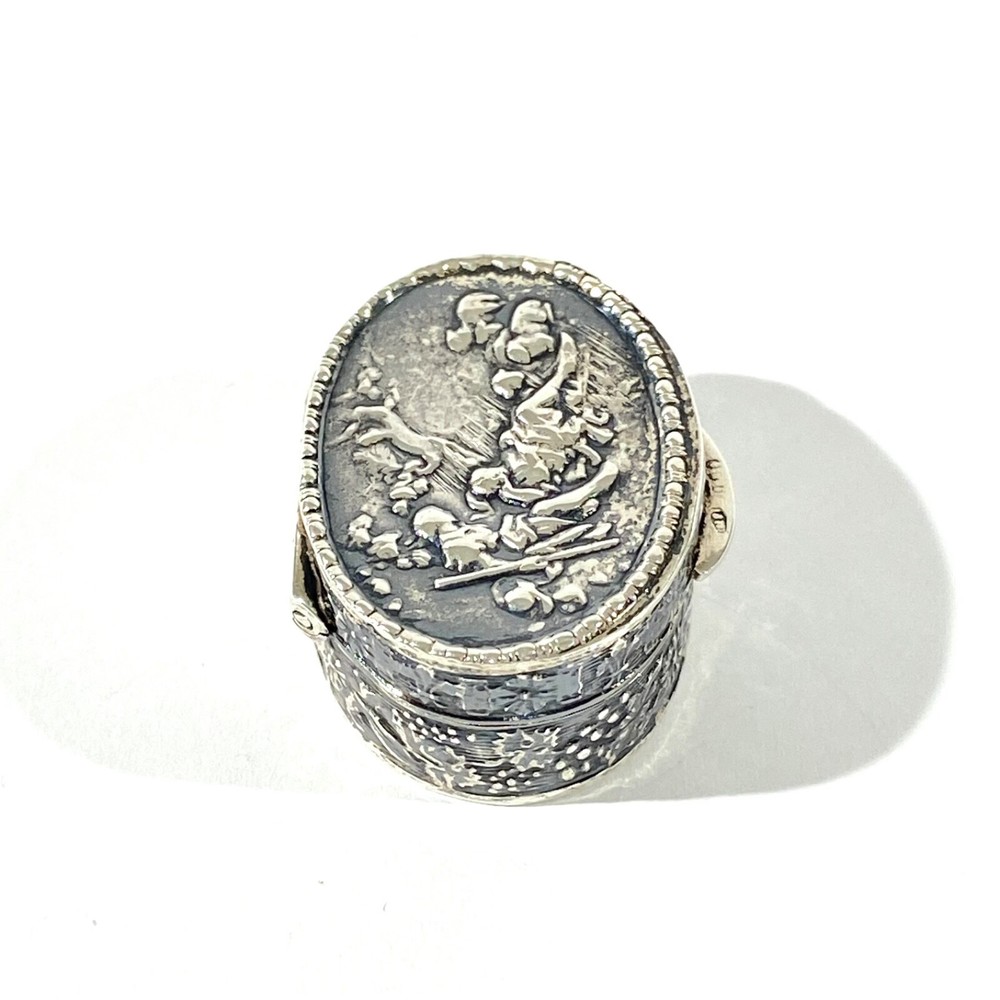 Antique Solid Silver Italian Pillbox , Hallmarked with romantic scene
