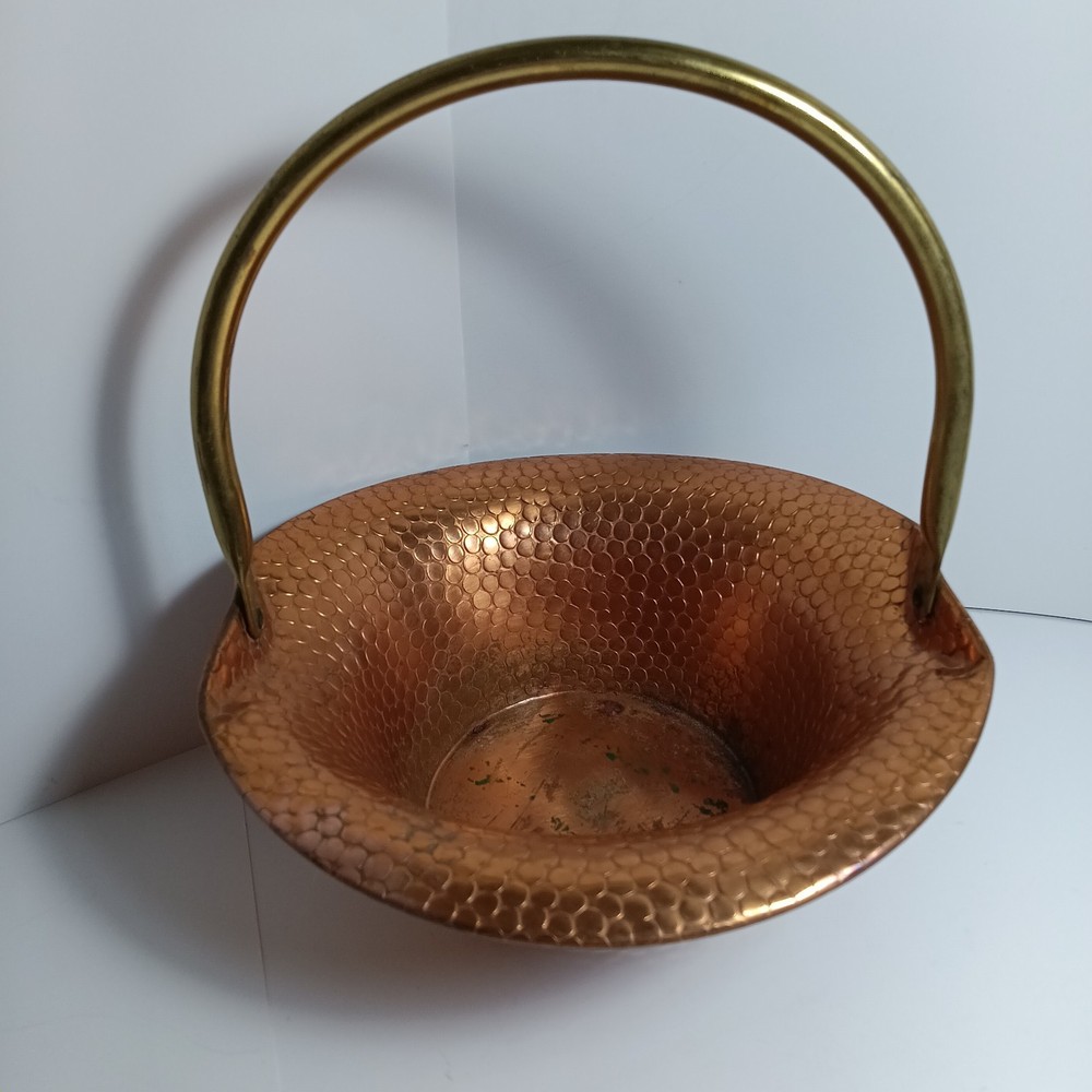 Vintage Copper Hammered  Basket with Brass Handle 8"