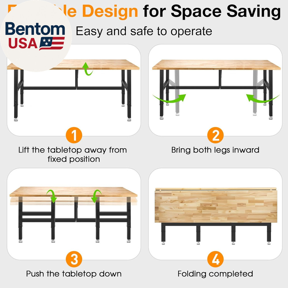 72” Folding Workbench, 3000 LBS Capacity Heavy Duty Workbench, Height Adjustable