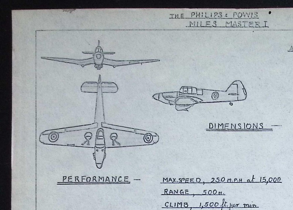 Original WWII Miles Master I & II Recognition Drawing – British Advanced Trainer