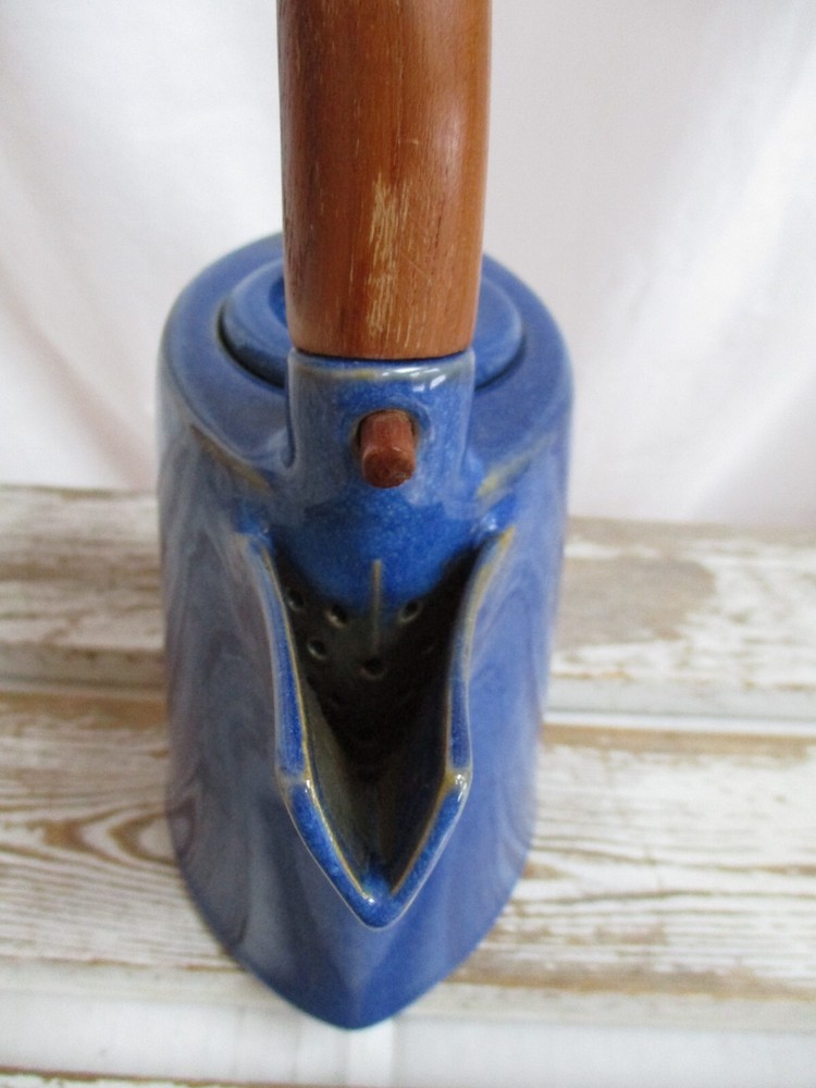 Ceramic Stoneware Teak Wood Handle Teapot Blue Speckled