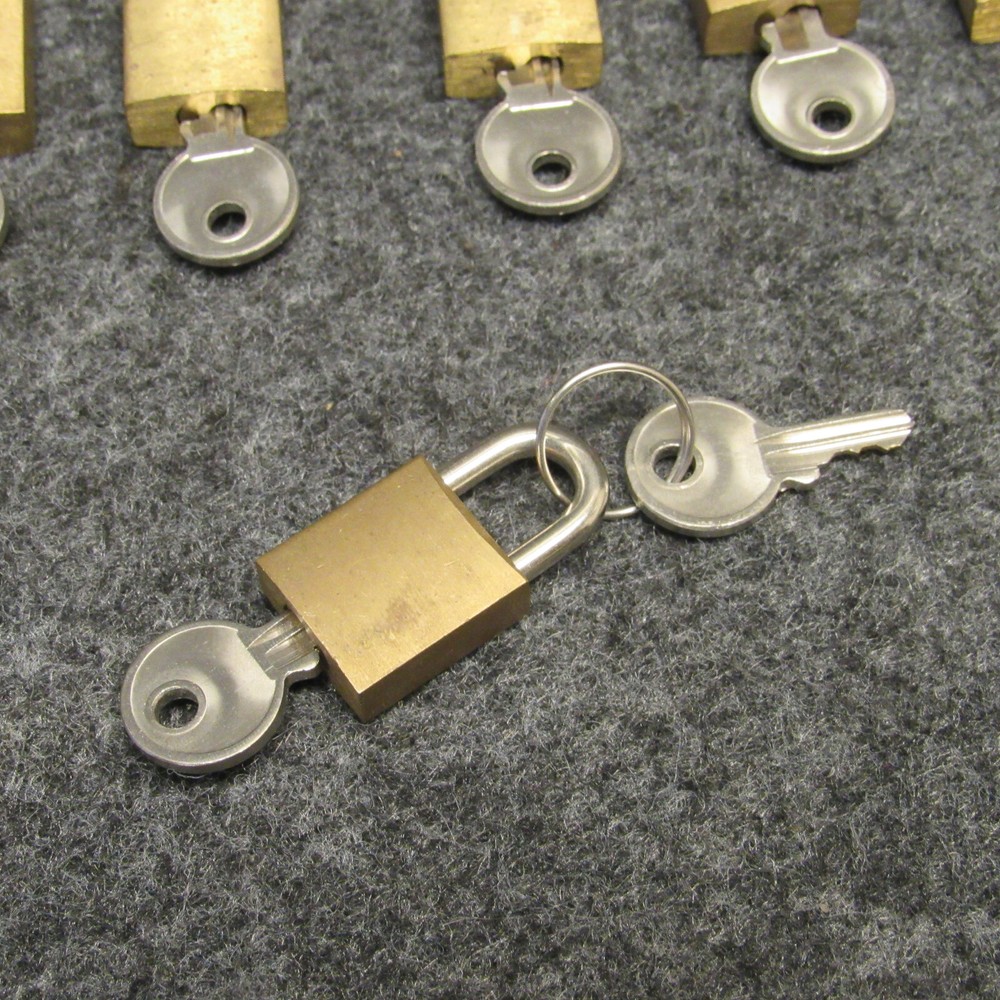 11 Miniature Brass Padlocks w/ Keys Each Keyed Seperately 1-1/4" Display Case