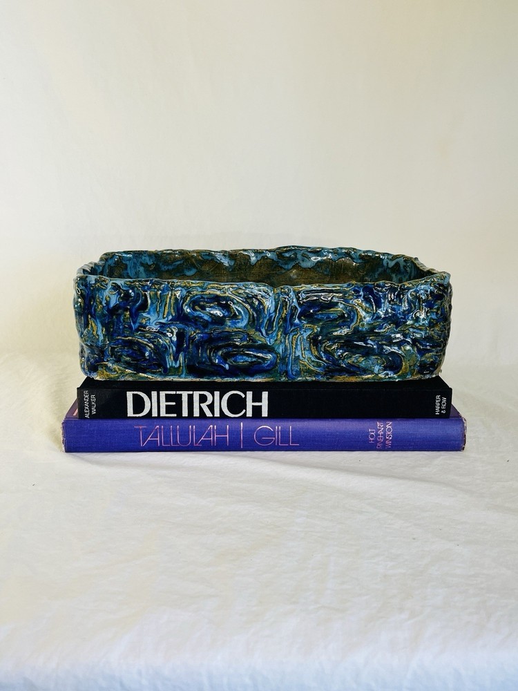 Vintage Ceramic Planter in Brutalist MCM Style Blue and Green Rectangular