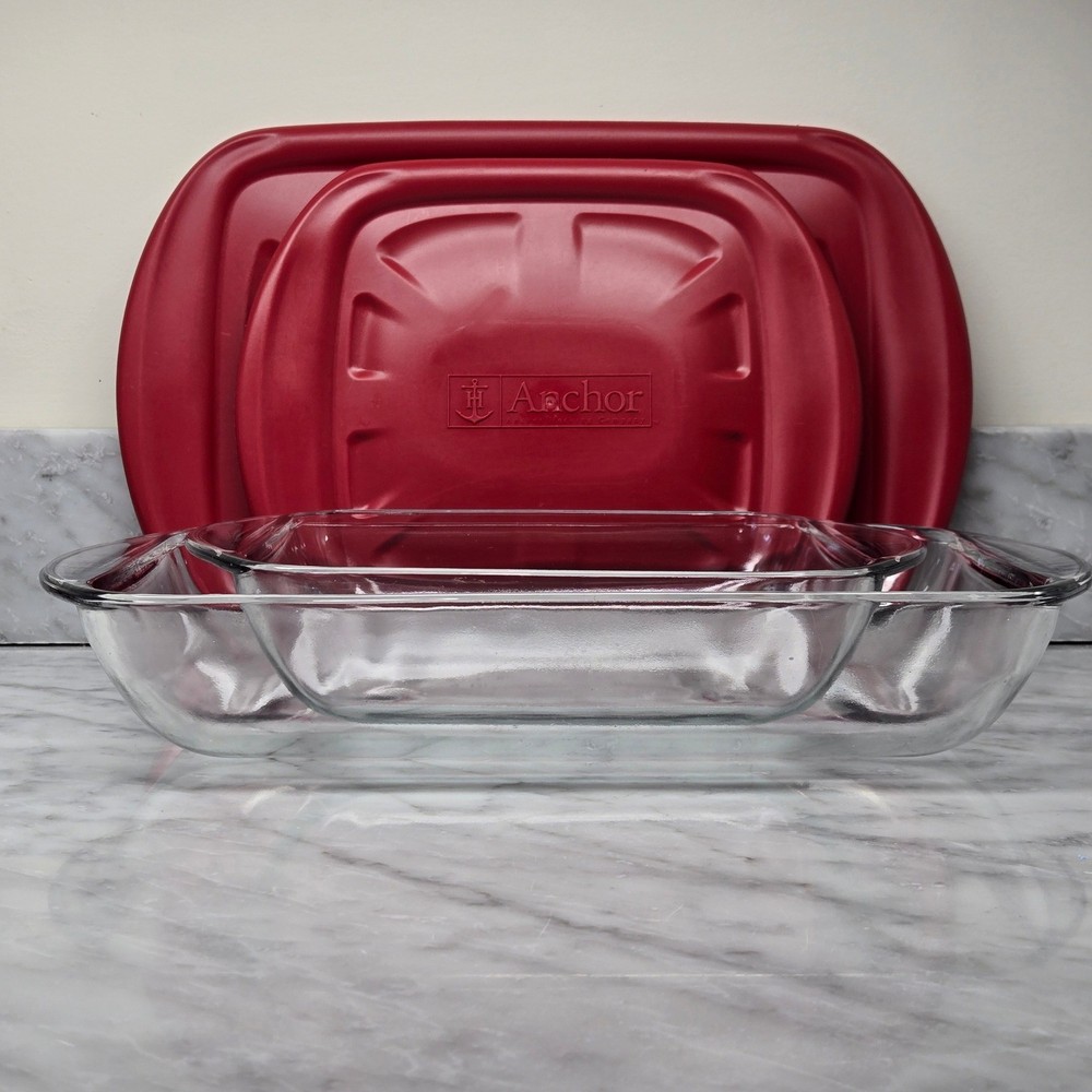 Anchor Hocking Glass Bakeware Set 2 Piece Rectangular Baking Dishes w/ Red Lids