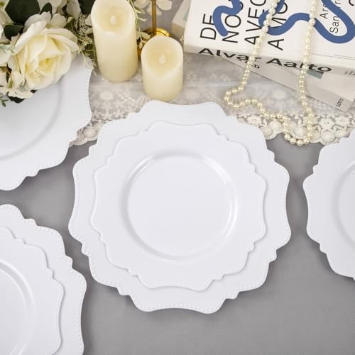 60PCS Plastic Plates for 30 guests-Fancy Plastic Beaded Plates,Plastic White
