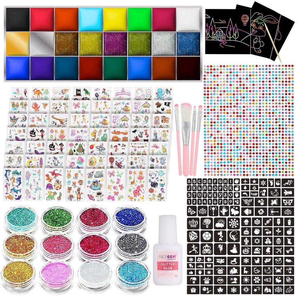 Face Paint Kit - Glitter Tattoos, Gems, Temporary Multicolor