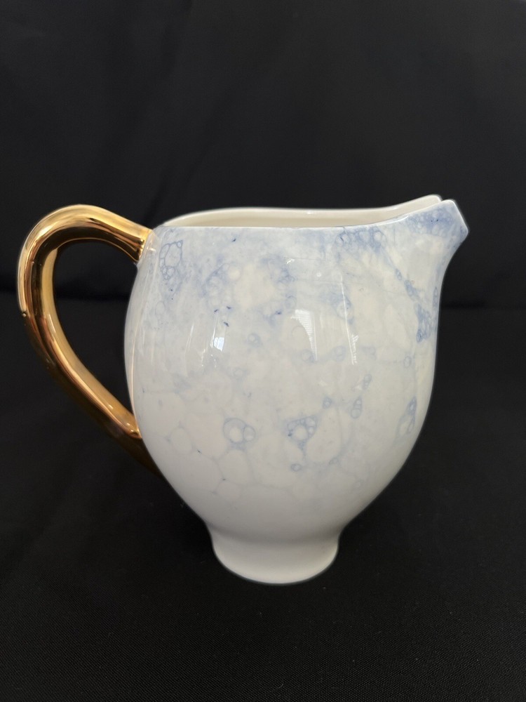 Anthropologie Eleodora Pitcher  Blue & White Gold Handle