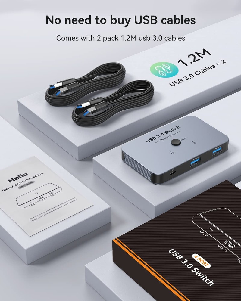 Aluminum USB 3.0 Switch, 2 Computers Share 4 Devices, 2-Pack USB 3.0 Cables