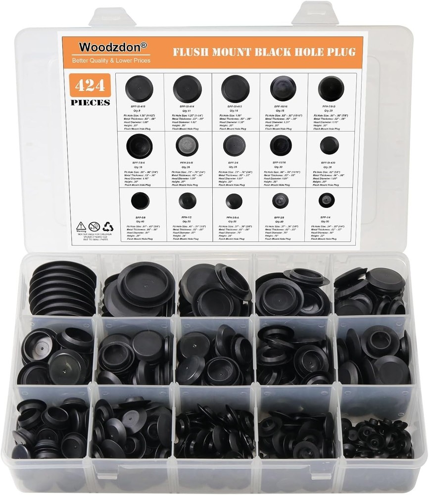 Automotive Black Plastic Plug Set - 424pcs, Assorted Sizes