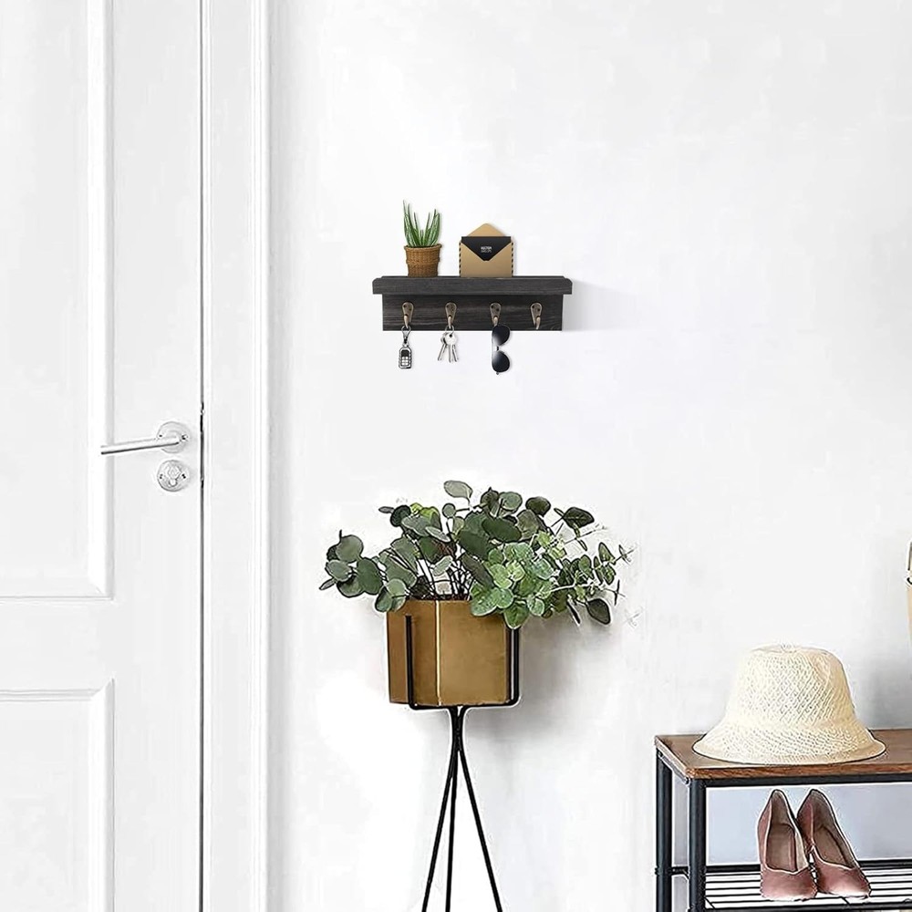 Rustic Key Holder for Wall, Farmhouse Wall Shelf with 4 Hooks, Wall Mounted Key