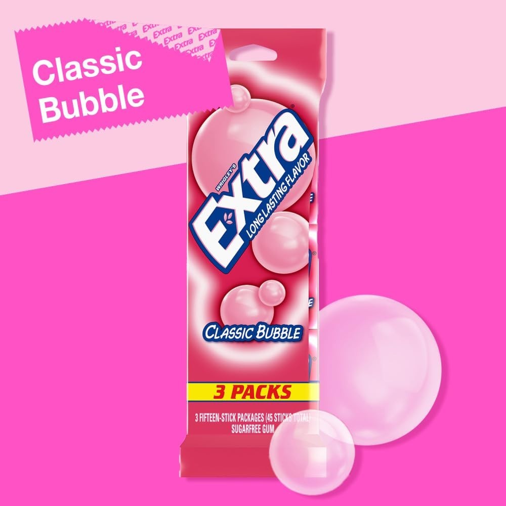 Classic Bubble Sugar Free Chewing Gum, 15 Sticks (3 Pack)
