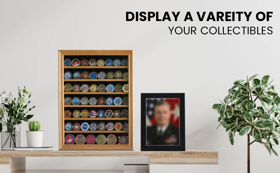 Premium Lockable Challenge Coin Display Case - Mahogany Finish, Wall Mountable