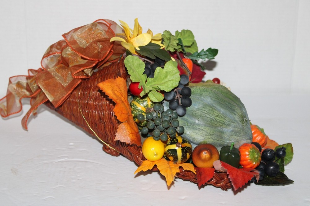 Cornucopia in Wicker Basket with Artificial Fall Thanksgiving Flowers