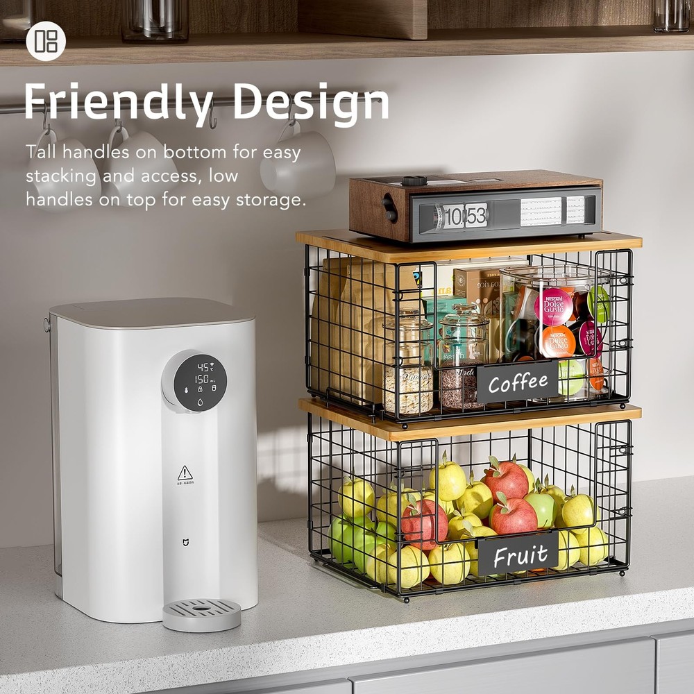 2 Pack Stackable Wire Baskets with Top for Pantry Organizers and Storage, XXL...