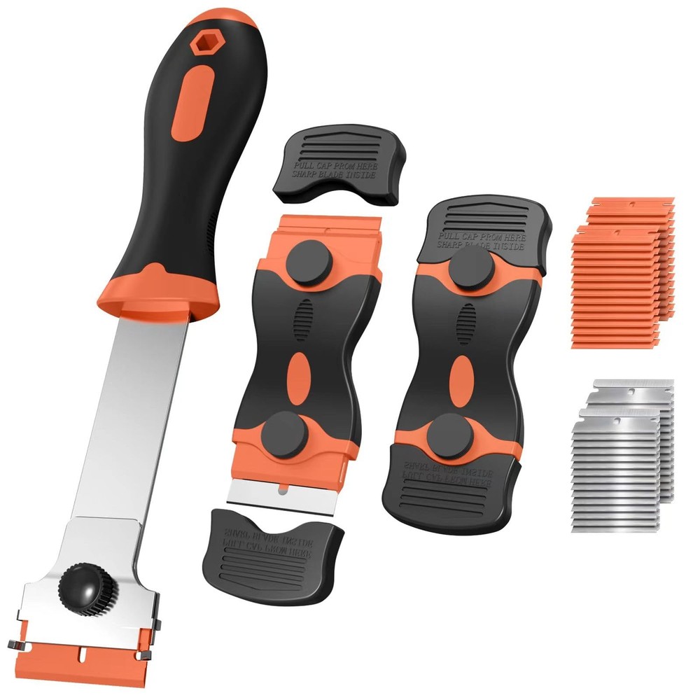 3 Pack Razor Blade Scraper Set, Includes 30 Plastic & 30 Metal Orange