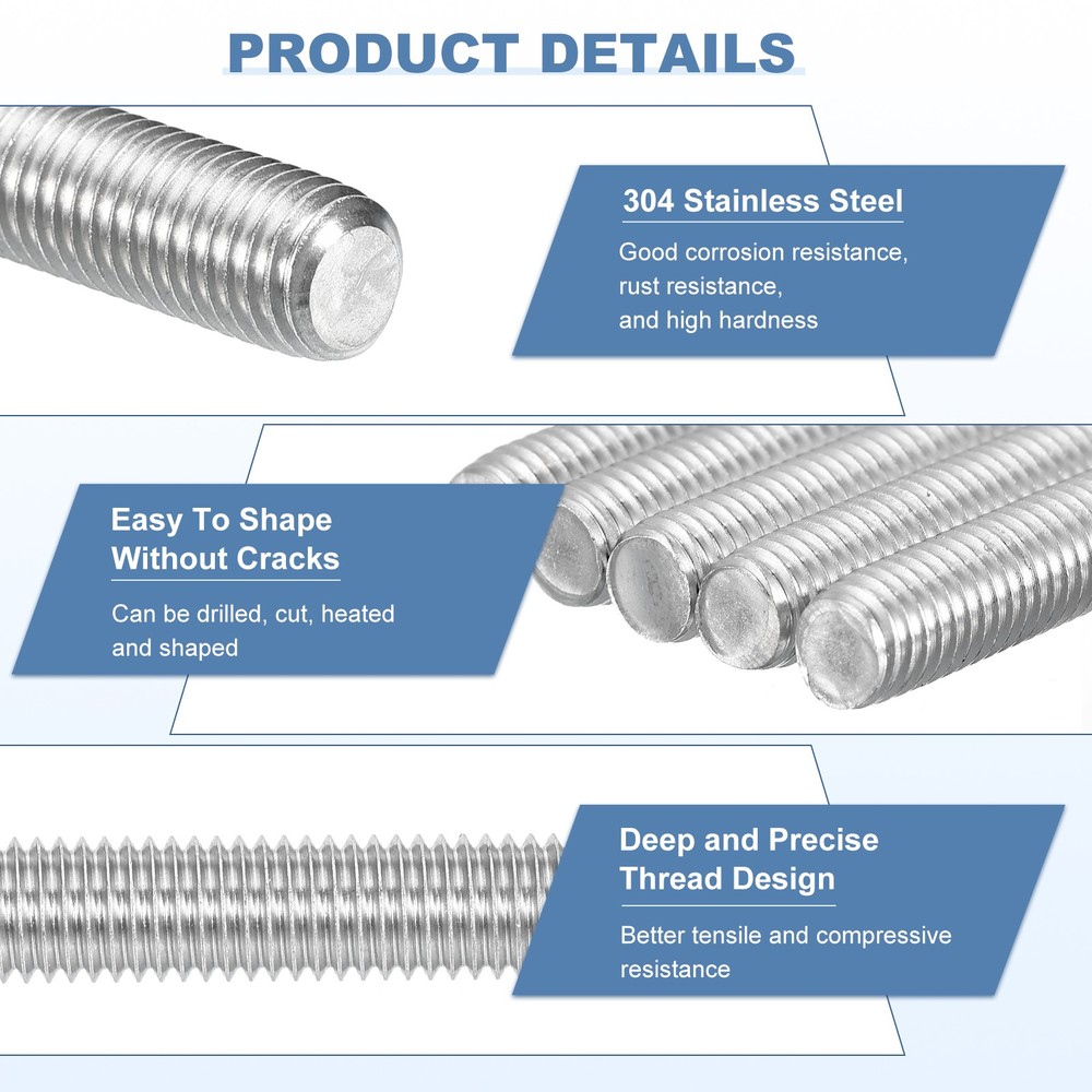 M6-1.0x250mm Fully Threaded Rods, 304 Stainless Steel Thread Bar Studs