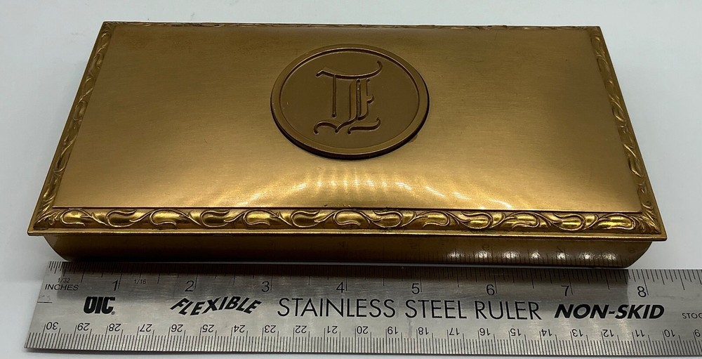 MCM Brass Hyde Park cork lined 8” box attached lid 2 sections 1950s monogram I