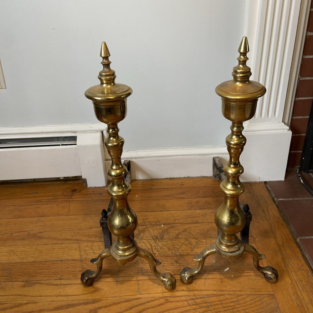 Antique Brass Fireplace Tools And 21” Brass Andirons